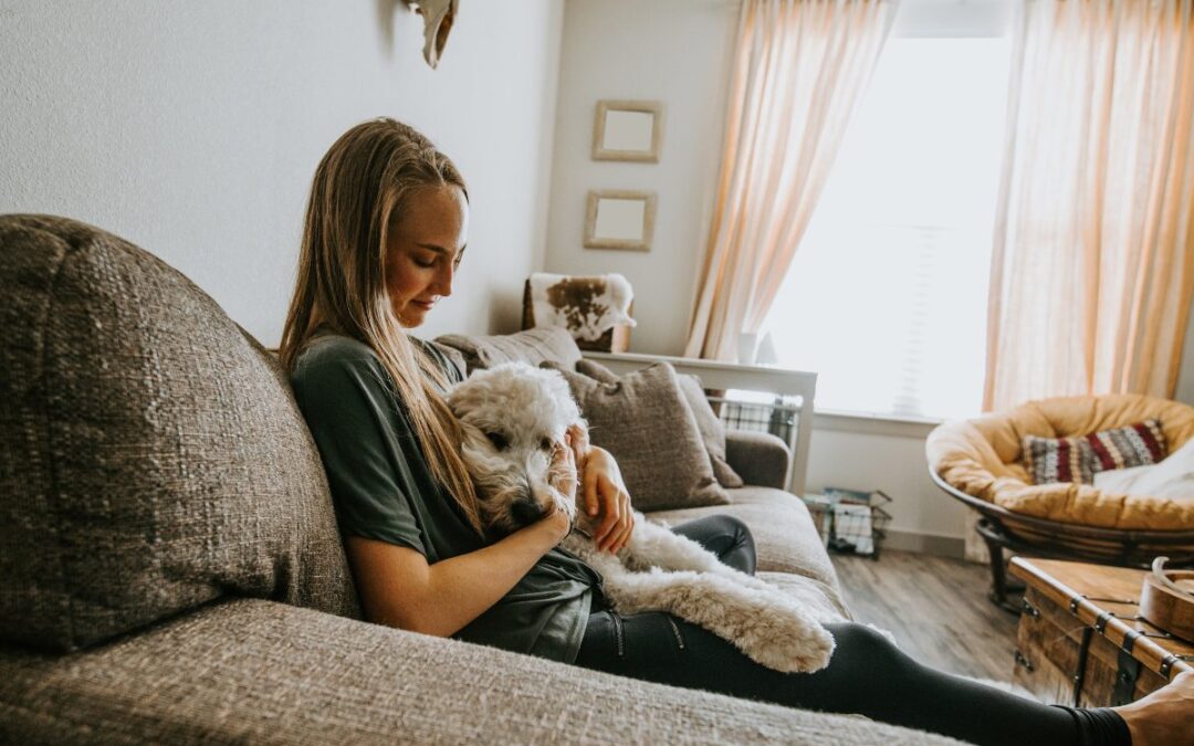 perro con su dueña en casa, zooplus tienda online de productos para mascotas